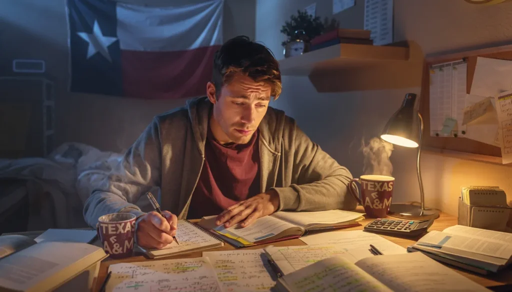 Student studying MATH 151 calculus at Texas A&M at night