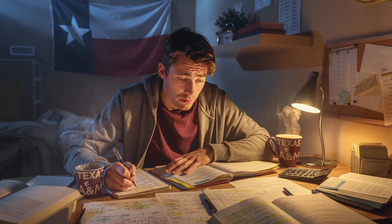 Student studying MATH 151 calculus at Texas A&M at night