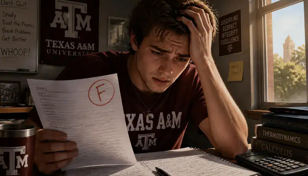 Stressed college student looking at a failed exam grade at Texas A&M, wondering what to do next